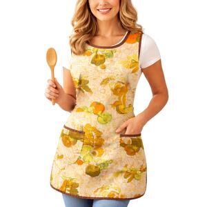 Vintage 1970s Harvest Vegetable Print Bib Apron Gold Green Orange Retro Kitchen